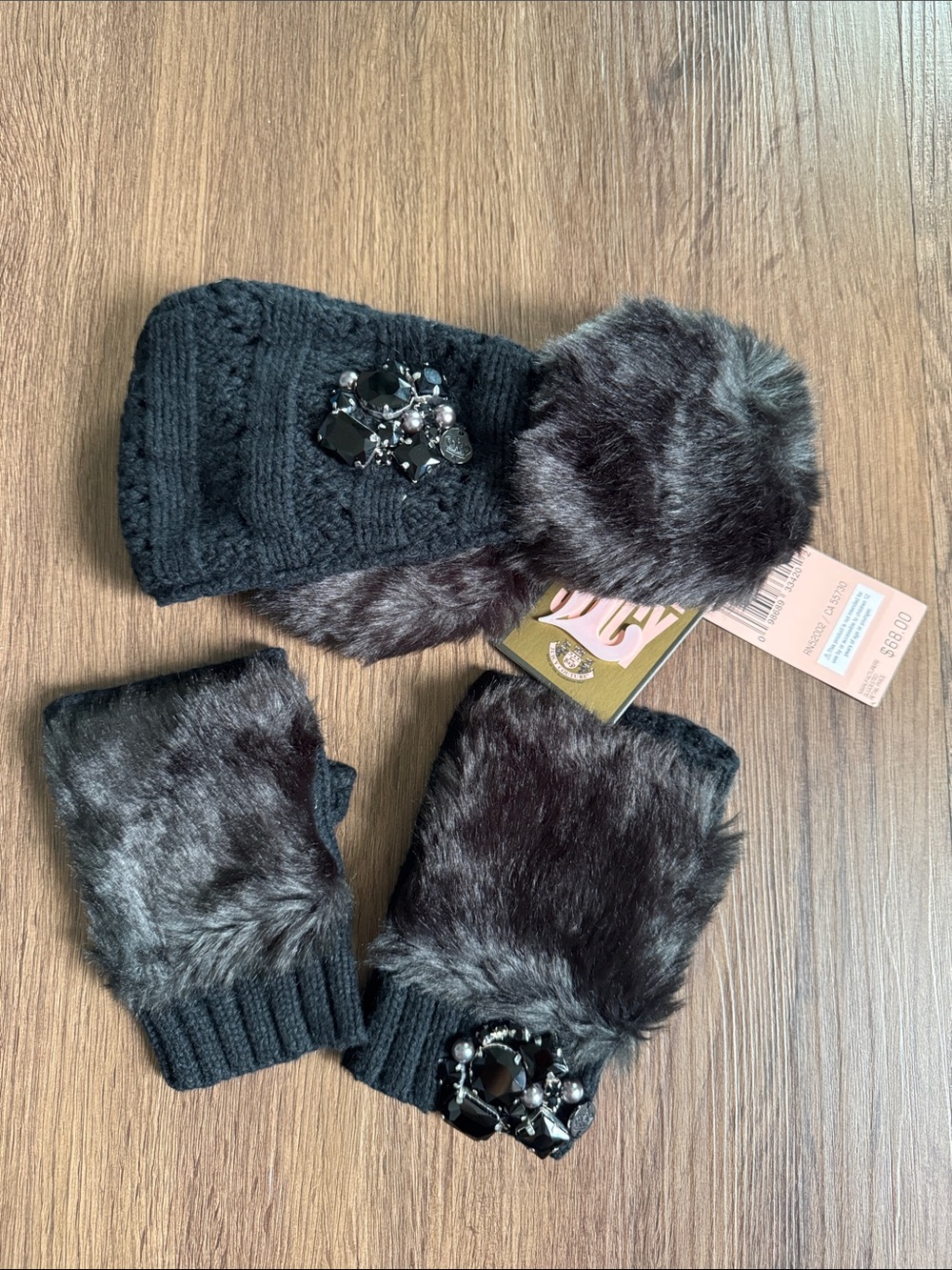 Juicy Couture Ear Warmers and Fingerless Gloves Set with Fur and Jewel Accents
